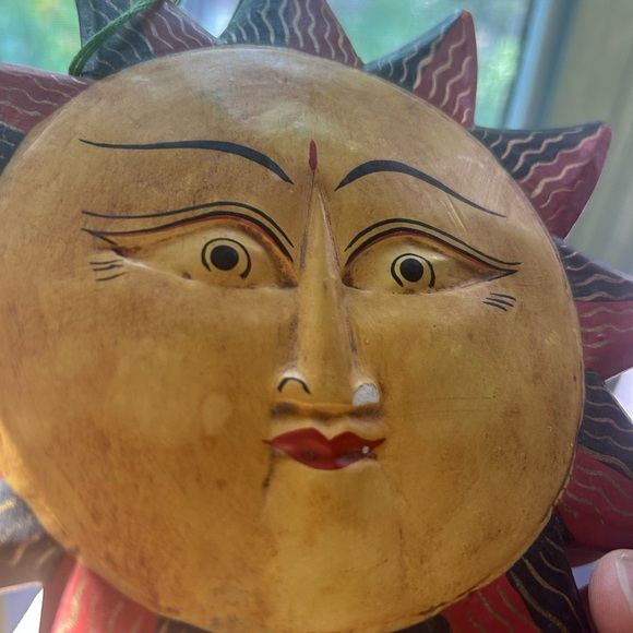 Vtg Wooden Hand Painted Sun Moon Face Hanging Ornament Christmas Indonesia 7” - Picture 12 of 16
